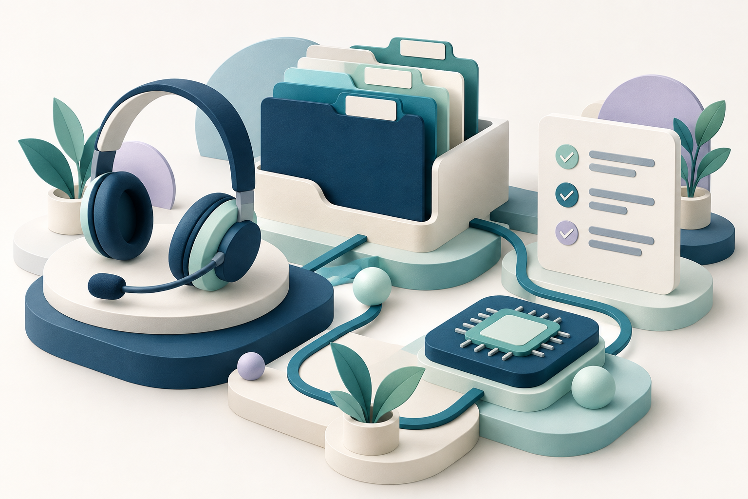 Home Illustration connecting a front desk headset, medical records, a review checklist and an AI chip.
